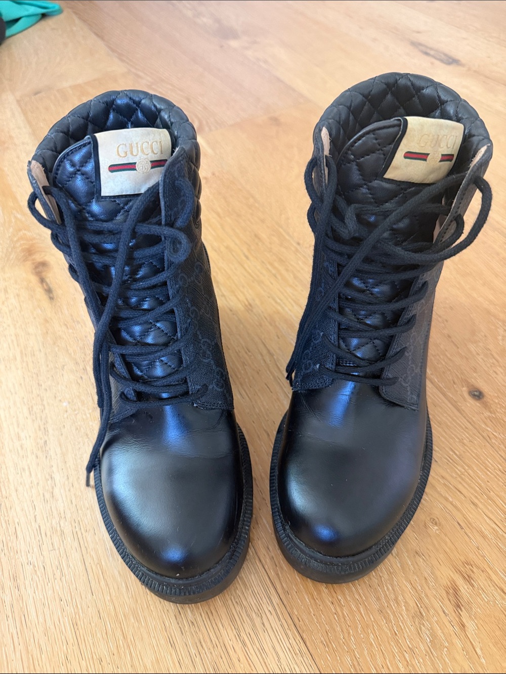 Gucci Black Quilted Leather Lace-Up Men’s Boots with Logo Tab